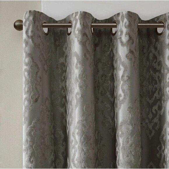 Charcoal Grey Knitted Jacquard TOTAL BLACKOUT Grommet Top Curtain Panel(1) - Picture 8 of 10